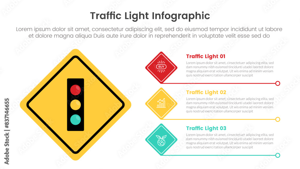 Poster traffic light infographic template banner with yellow road sign and diamond stack rectangle box cont