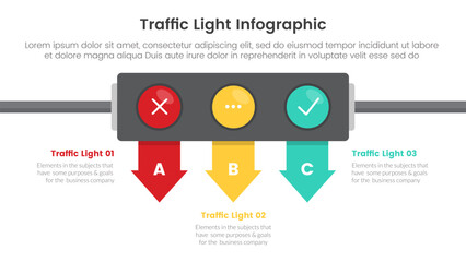 traffic light infographic template banner with horizontal direction with arrow bottom direction with 3 point list information for slide presentation