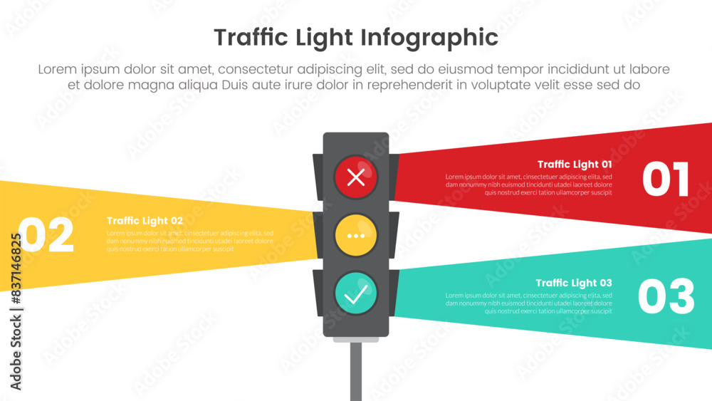 Poster traffic light infographic template banner with lights with ray beam background with 3 point list inf