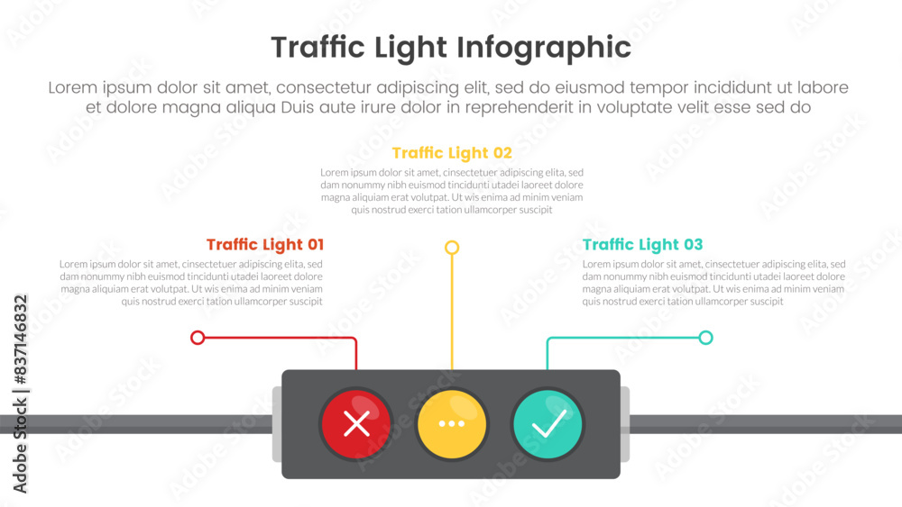 Poster traffic light infographic template banner with horizontal lights on bottom with line data direction 