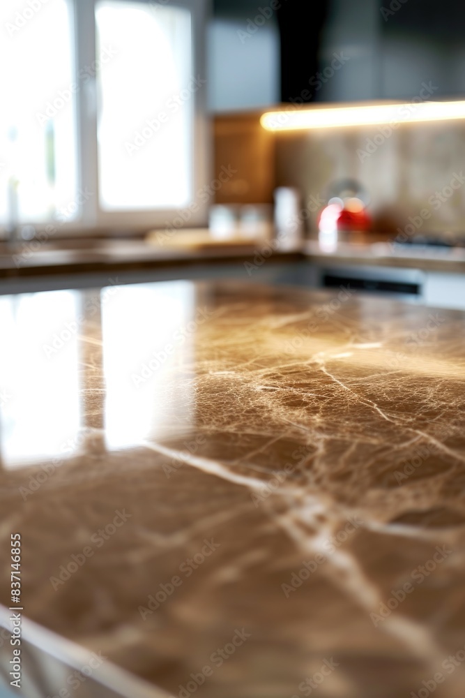 Poster a kitchen counter with a marble top and a window in the background. the counter is clean and shiny, 