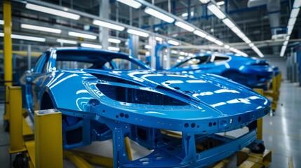 Fototapeta premium High-Tech Car Factory, Busy Assembly Line for Mass Production of Modern Vehicles, Highlighting Industrial Precision and Efficiency
