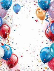 Vibrant party decorations with balloons and scattered confetti