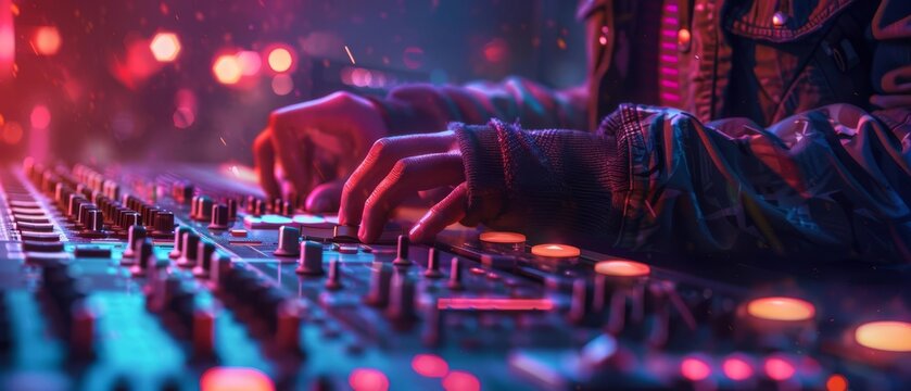 DJ's hands mixing music on a soundboard at a concert.