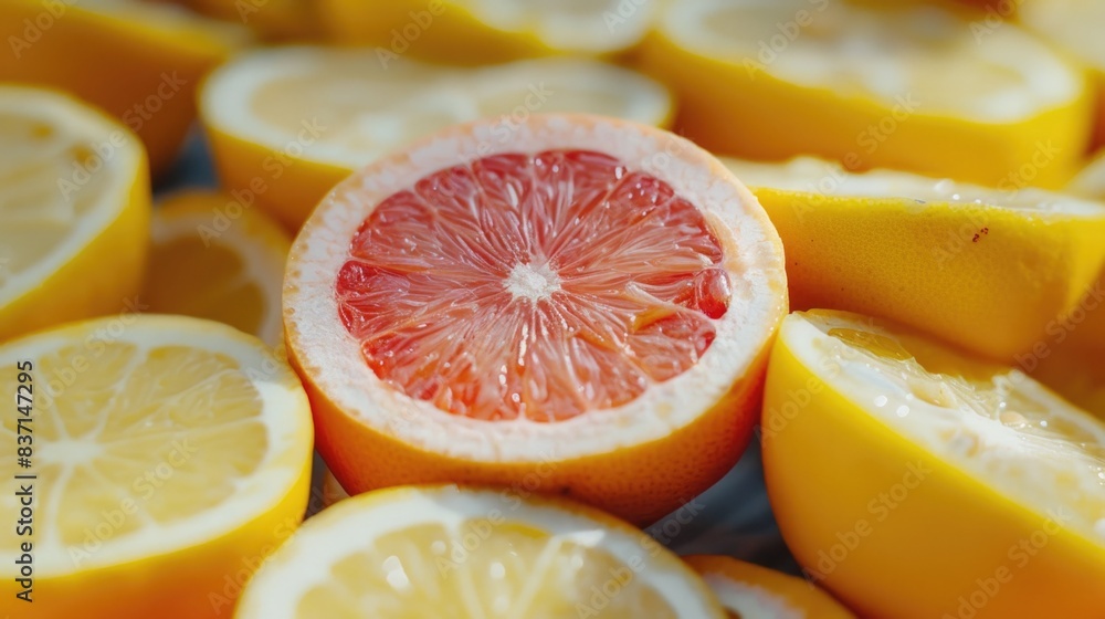 Poster a close up of a grapefruit with a slice missing. the grapefruit is surrounded by other grapefruit sl