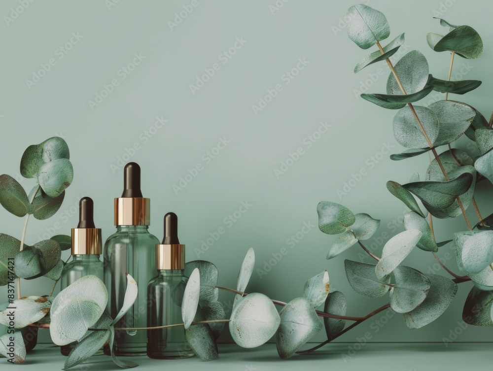 Aufkleber three bottles of perfume are displayed on a green background. the bottles are arranged in a row, wit