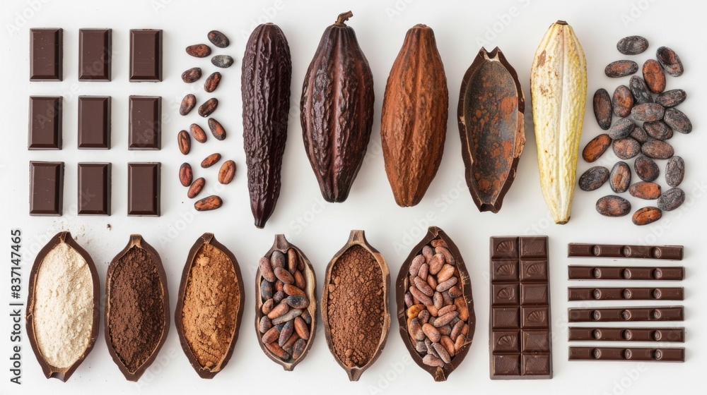 Poster a row of chocolate bars and cocoa beans are laid out on a white background. the chocolate bars are i