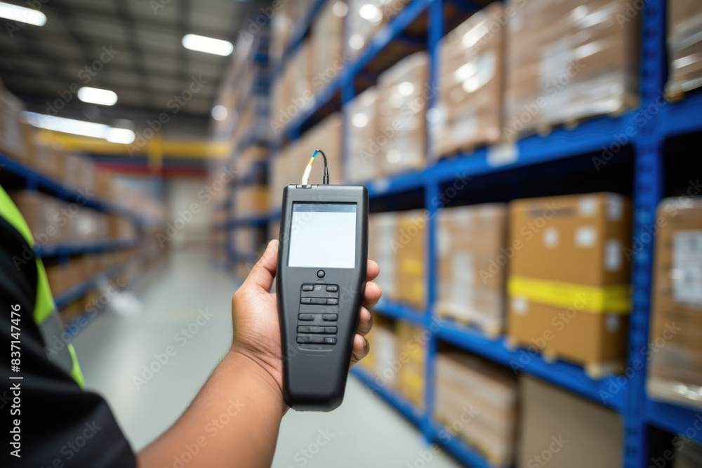 Poster a person is holding a device in a warehouse. the device is a handheld scanner that is used to scan i
