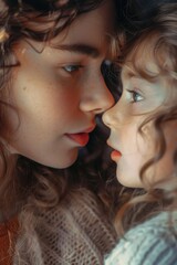 Obraz premium Two young girls are hugging each other, one of them has a red lipstick on. Concept of warmth and affection between the two girls
