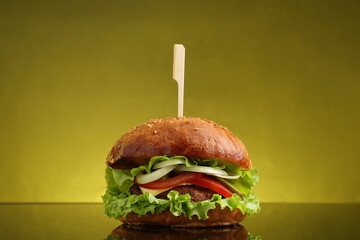 Delicious vegetarian burger on mirror surface against olive background