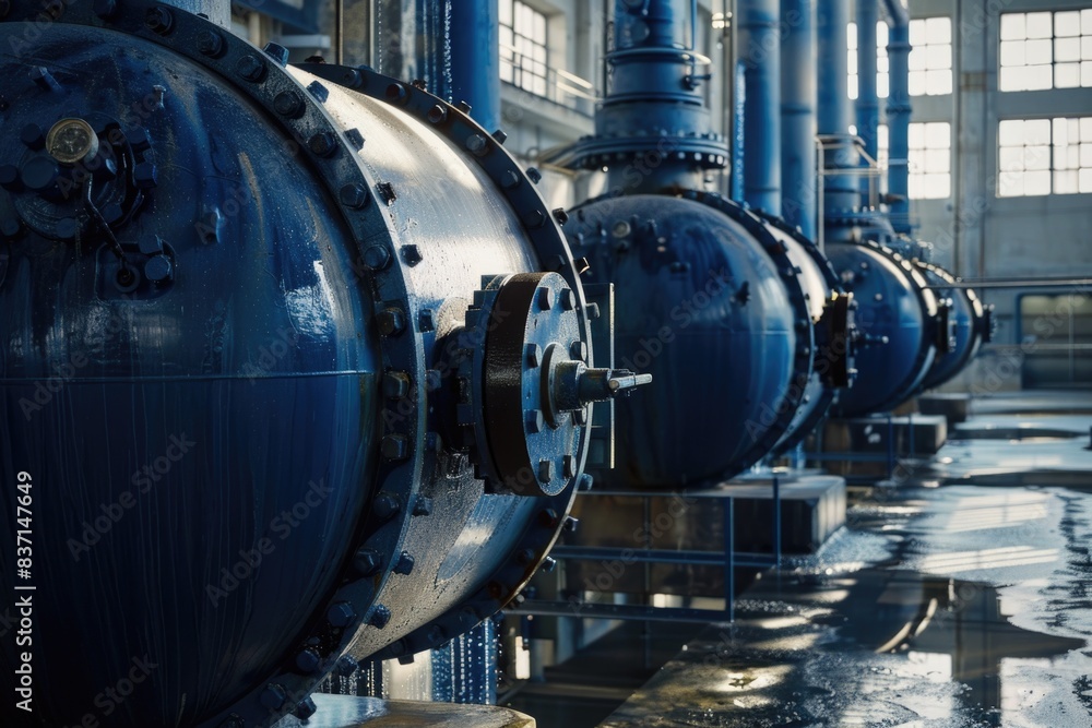 Poster A row of blue pipes with a valve on the front. The pipes are in a factory setting