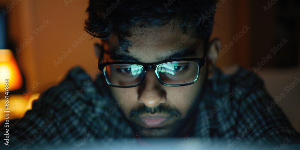 Poster a man wearing glasses is looking at a computer screen. concept of focus and concentration as the man