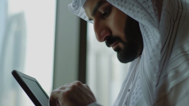A man wearing a white robe and a turban is looking at a tablet. He is using the tablet to check the time