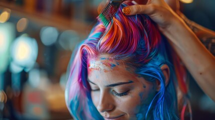 Obraz premium Hair stylist applying vivid, fashion-forward hair dye