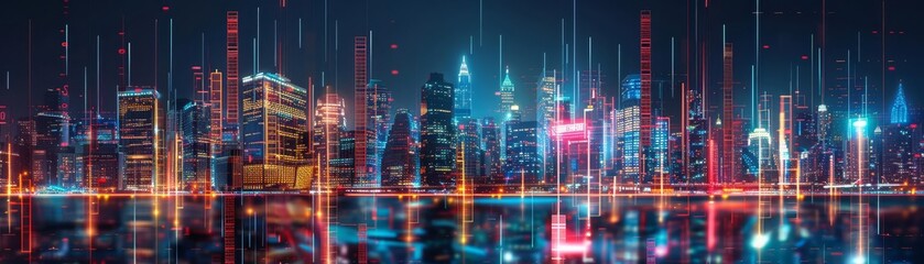 Neonlit financial data streams across a bustling urban night, capturing the essence of modern economics and city dynamics