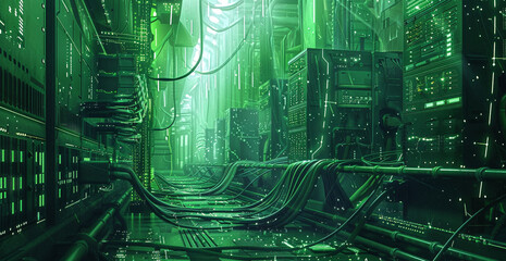A green, futuristic cityscape with wires and cables running through it