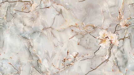 Light grey marble tiles with seamless pastel pink blossoms.
