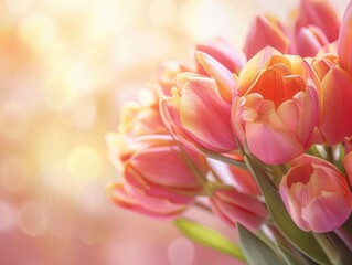 Obraz premium A bouquet of pink tulips with a yellow center. The flowers are arranged in a vase and the background is a soft pink color. Concept of warmth and happiness, as the bright colors of the tulips