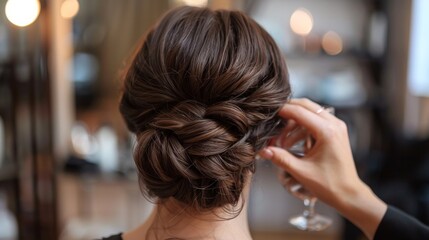 Naklejka premium Hair stylist creating a polished, elegant updo for a formal event