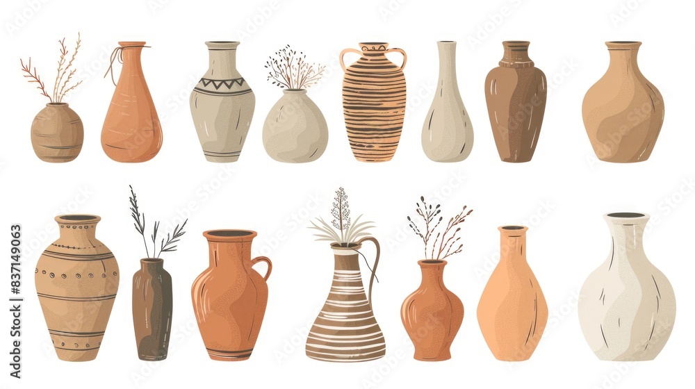 Poster a collection of vases with different shapes and sizes, some of which have leaves on them. the vases 