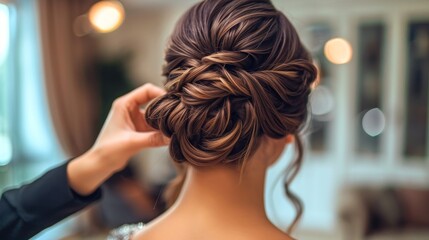 Fototapeta premium Hair stylist creating a polished, elegant updo for a formal event