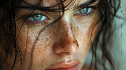 Close-up of a person with a tear-streaked face, looking down with a somber expression, highlighting the emotional weight of depression