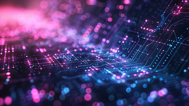 Abstract digital network interface for a blockchain-based game, with a purple and blue color scheme