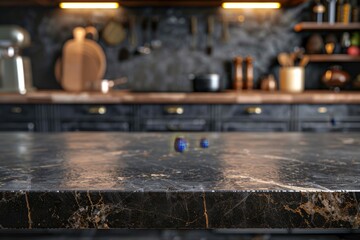 Empty dark marble kitchen island on blurry kitchen room background for digital product display