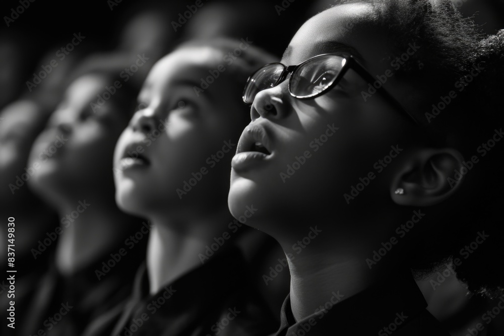 Poster a group of children are looking up at something, possibly a performance or a speaker. the image has 