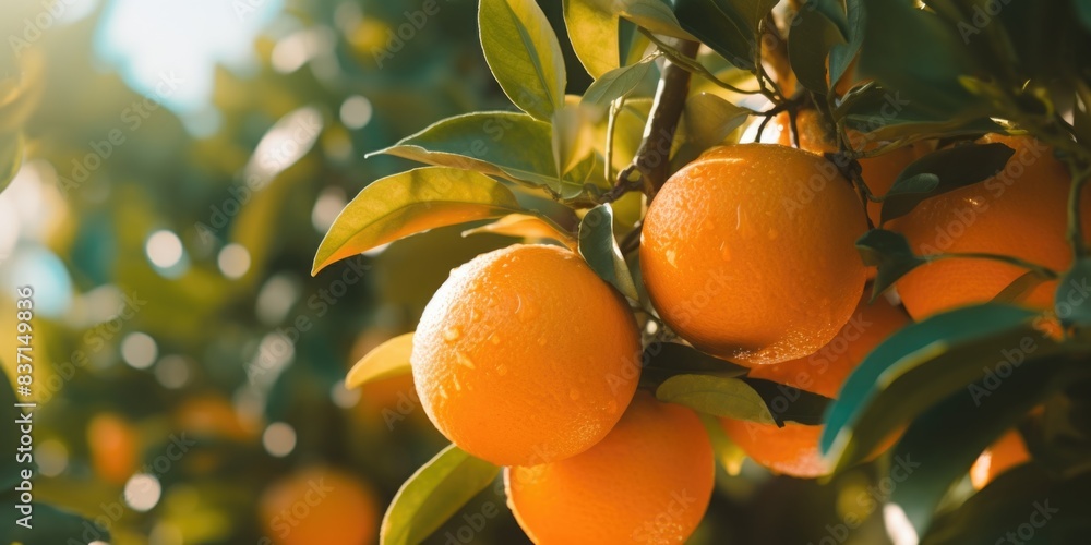 Poster a bunch of oranges hanging from a tree. the oranges are wet and shiny. the leaves are green and the 