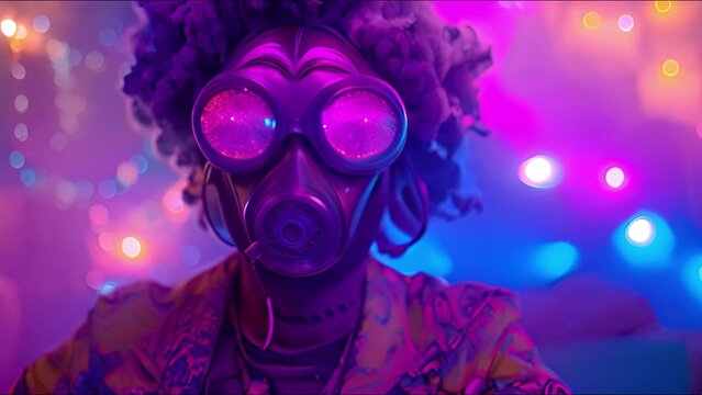 bizarre disco gogo dancer with a gas mask