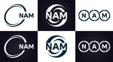 NAM logo. N A M design. White NAM letter. NAM, N A M letter logo design. N A M letter logo design in FIVE, FOUR, THREE, style. letter logo set in one artboard. N A M letter logo vector design.	
