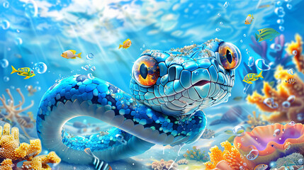 A cheerful blue snake, adorable in its demeanor, dives beneath the ocean's surface, swimming alongside colorful fish and use snorkel and swimming mask as it explores the vibrant underwater world