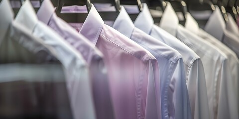 Row of shirts hanging for fashion or laundry services promotional image. Concept Clothing Display, Fashion Promotion, Laundry Services, Apparel Photography, Shirt Line-Up