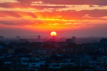 Fototapeta premium City skyline shimmers with orange and pink hues as the sun sets gracefully