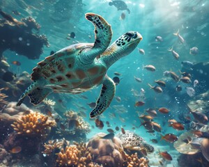 Colorful underwater marine life and turtle in a vibrant coral reef habitat with exotic ocean animals