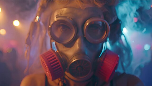 bizarre disco gogo dancer with a gas mask