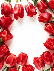 Red tulips forming a floral frame on a white background.
