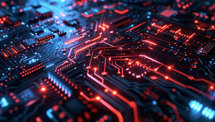 Obraz premium A futuristic background featuring an intricate circuit board with glowing red and blue elements, representing advanced technology in the field of digital design.