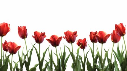 Fototapeta premium Elegant tulip arrangement with green leaves on a white background, ideal for spring themes.