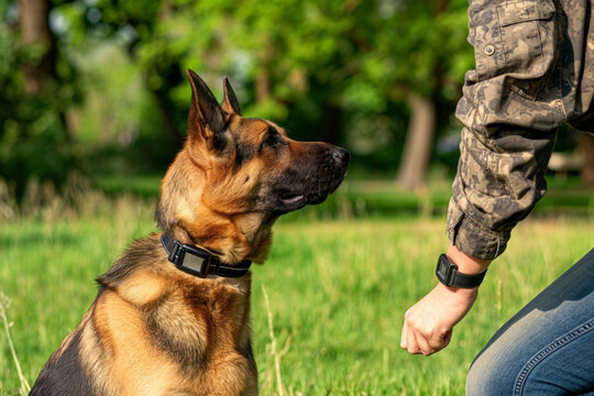 Attentive german shepherd dog sits on the grass, focusing on its owner's hand gesture in a sunny park setting, displaying obedience and training during a leisurely outdoor session