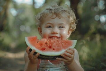 small child holds with both hands and eats a slice of watermelon and smiles