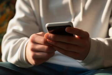 close up of hands of teen boy in white sweater texting on phone