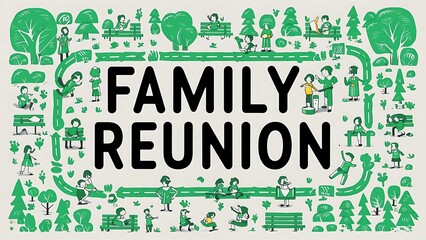 Vibrant Illustration with "Family Reunion" in a Park Setting

