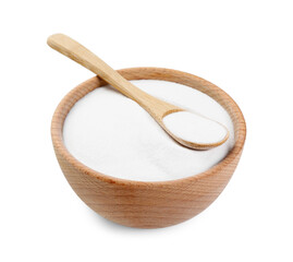 Baking soda in bowl and spoon isolated on white