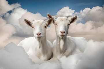 Fototapeta premium Two goats in fluffy clouds, serene sky, dreamy atmosphere, peaceful and close together