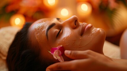 Naklejka premium High-detail photo of a client enjoying a face massage in a beautifully decorated beige salon