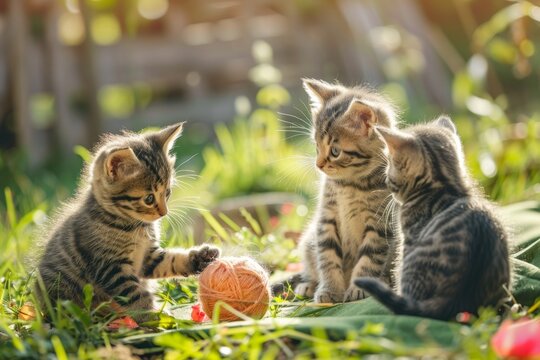 Adorable fluffy kittens enjoying playful moment with yarn on sunny day in charming backyard setting