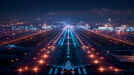 Fototapeta premium A night view of an airport runway with modern planes taking off and landing, illuminated by advanced lighting systems, emphasizing the scale and precision of airport operations. --ar 16:9 --style raw 