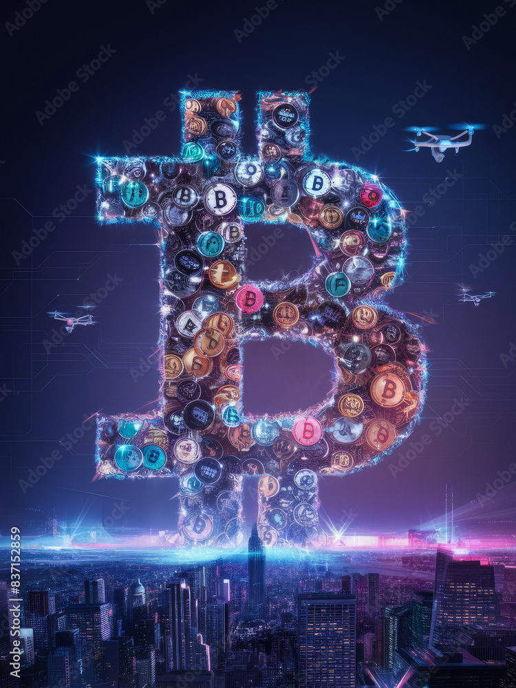 Aufkleber futuristic and abstract representation of the bitcoin symbol with coins and drones over a cityscape